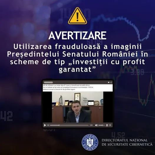 Alertă de înșelătorie: imaginea președintelui Senatului și a celei mai mari bănci comerciale, folosite pentru promovarea unei scheme piramidale
