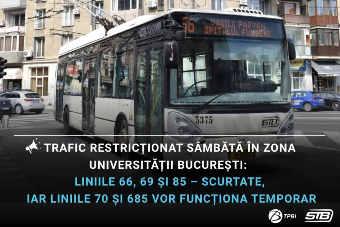 Modificări în transportul public din București: liniile 66, 69 și 85 vor circula pe trasee scurtate sâmbătă