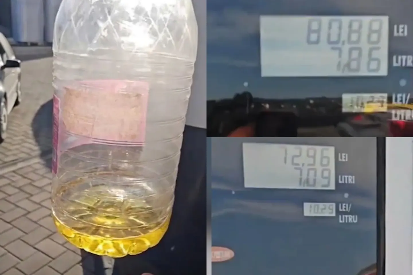 Țeapă la pompă. Diferența uriașă între cantitatea afișată și cea din recipient, reclamată de un șofer la o benzinărie din Focșani-VIDEO