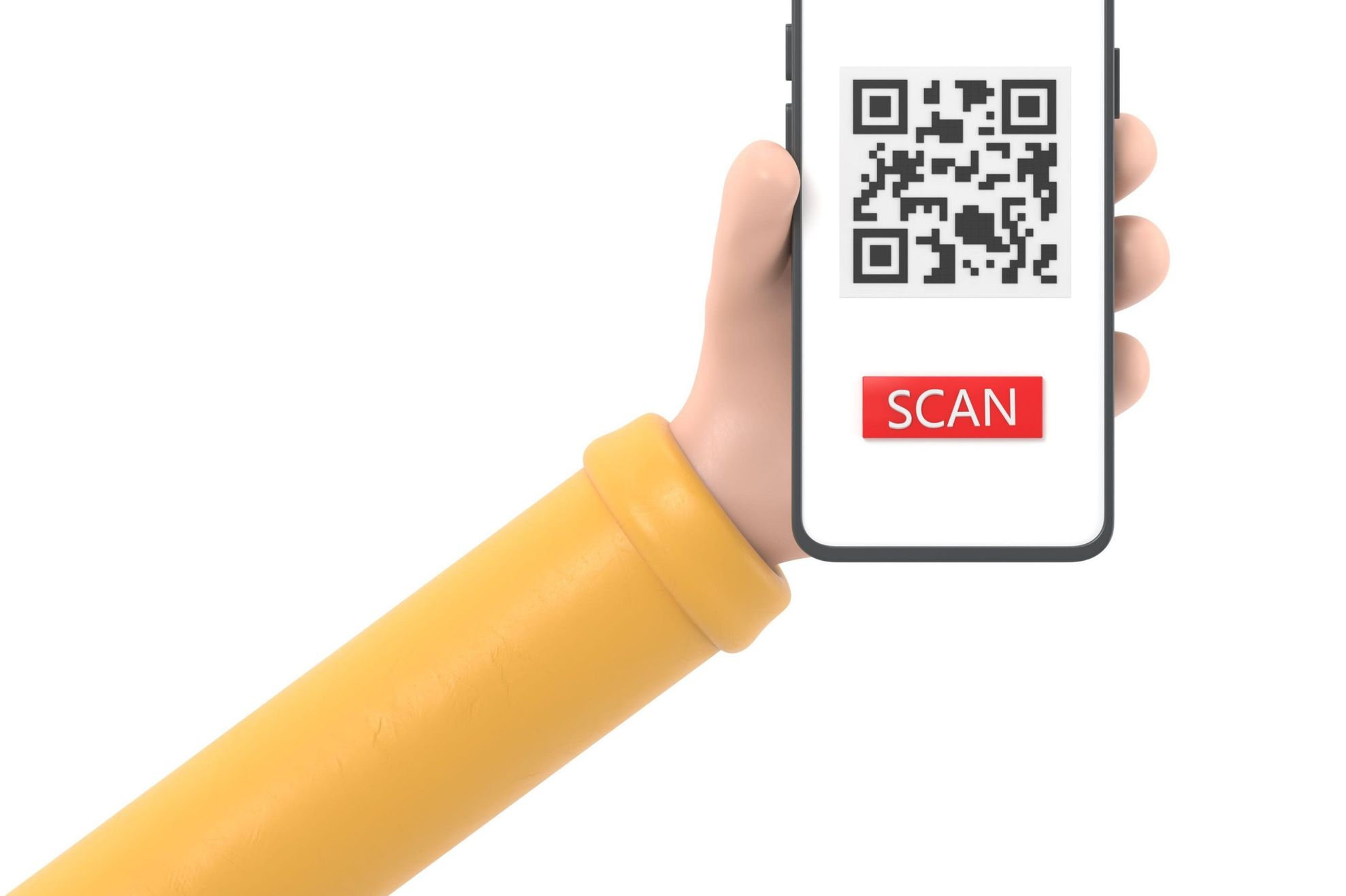 3d cartoon render female hand holds smartphone and use mobile app service with scan QR code banner design. Technology and business concept.3D renderin