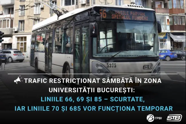 Modificări în transportul public din București: liniile 66, 69 și 85 vor circula pe trasee scurtate sâmbătă